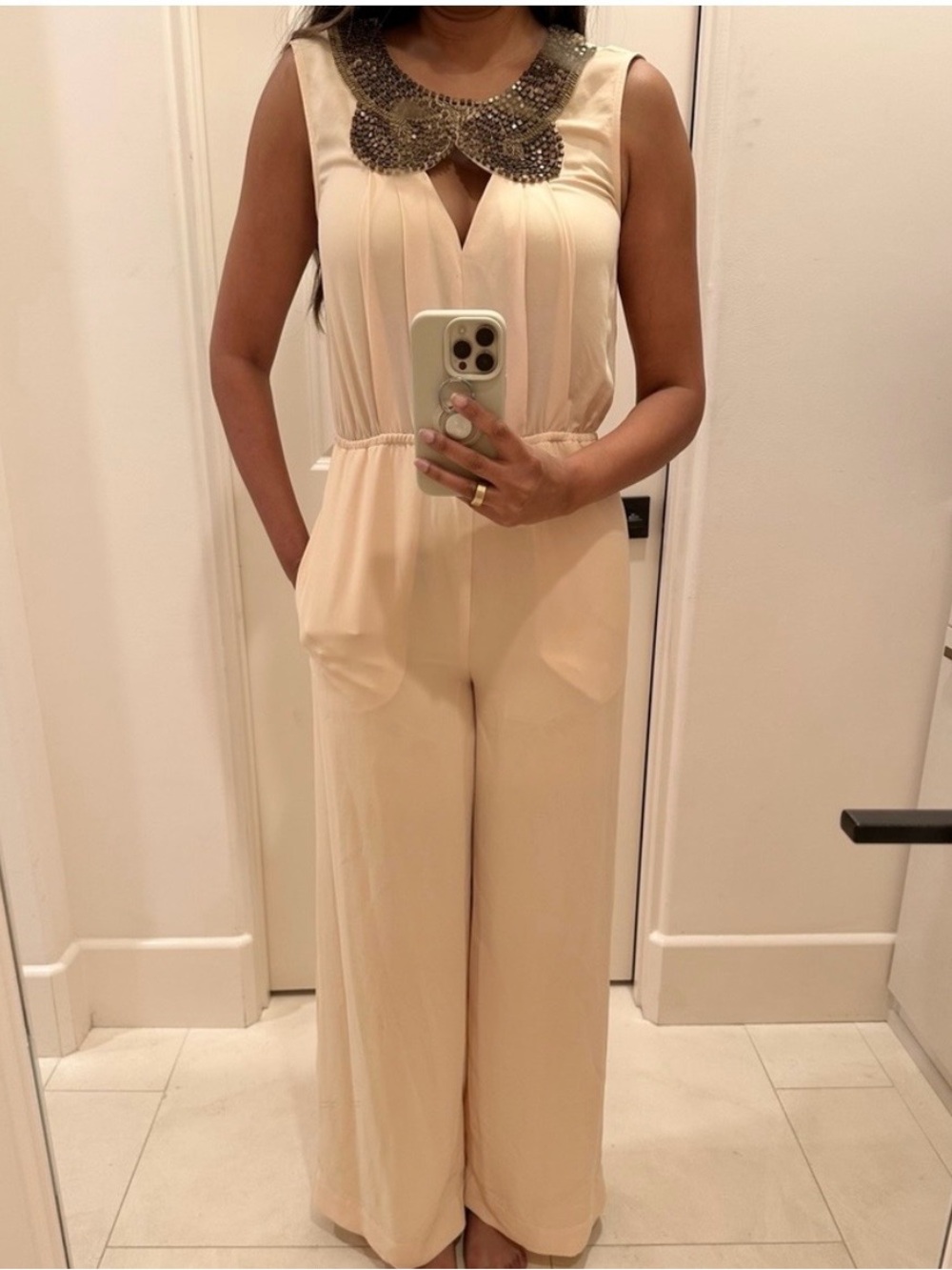 BCBGMaxAzria Beaded Collar Pale Pink Sleeveless Jumpsuit